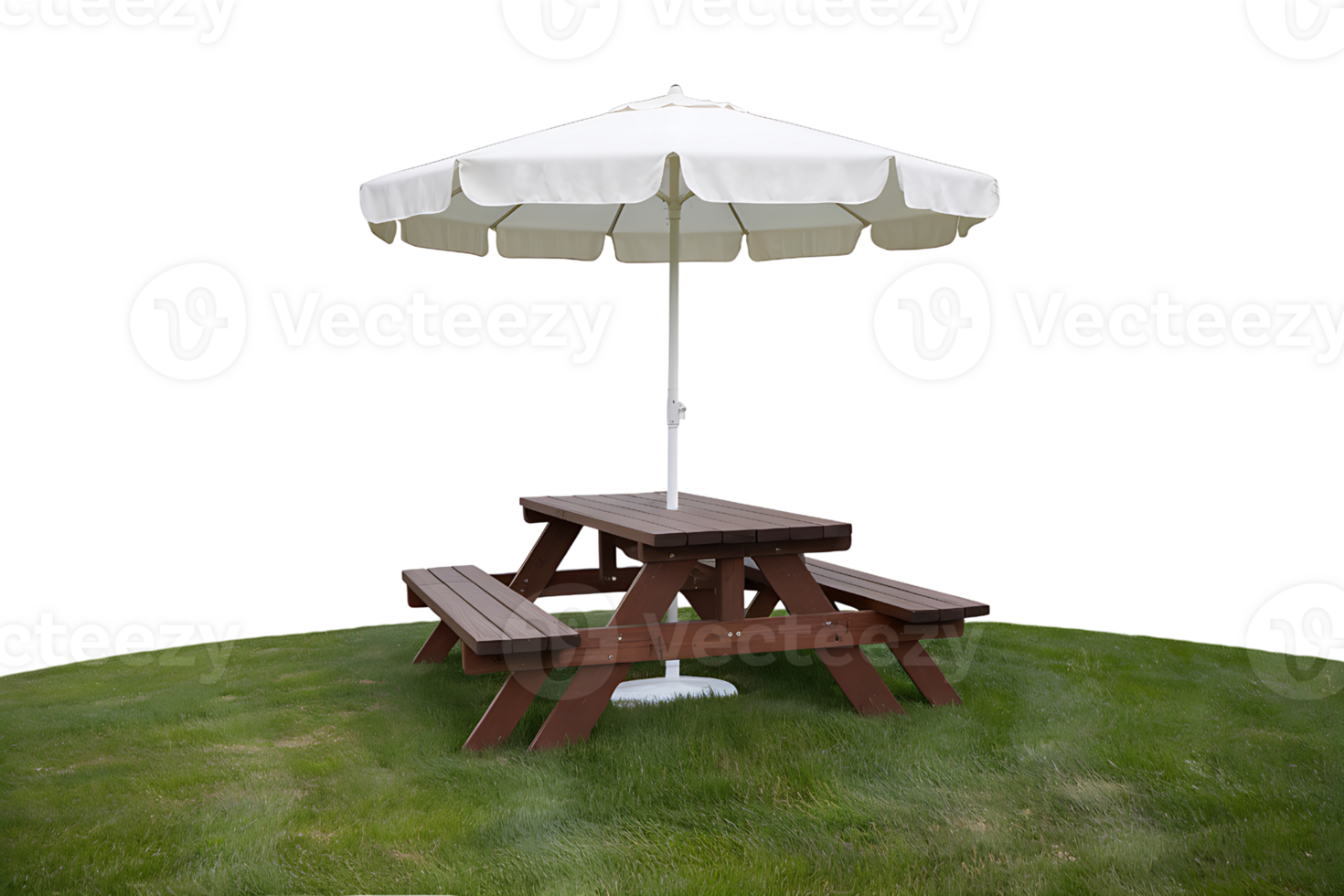 white umbrella casts shade over a wooden picnic table on a grassy lawn isolated on transparent background png