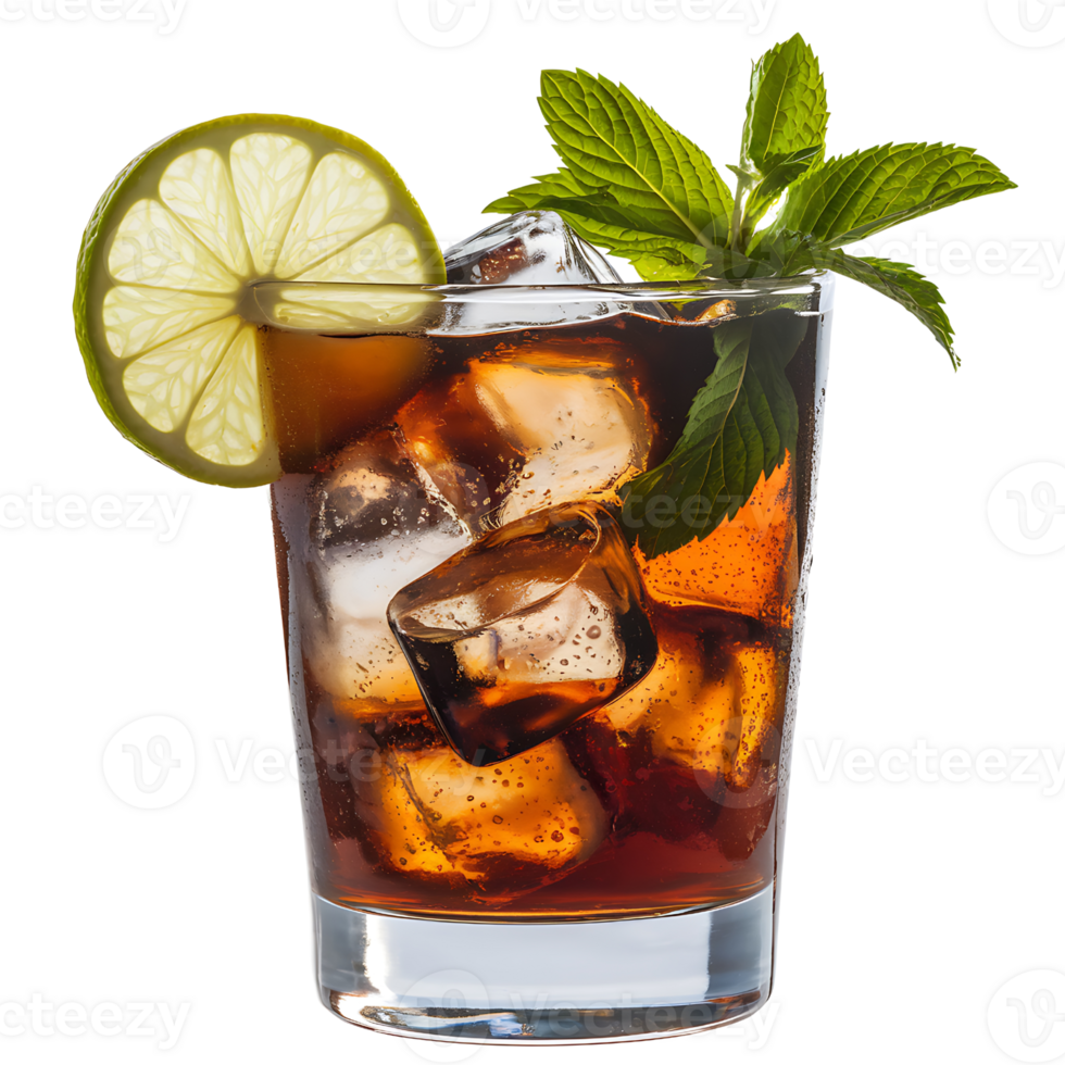 refreshing beverage garnished with a lime wedge and mint leaves is displayed in a glass filled with ice isolated on transparent background png