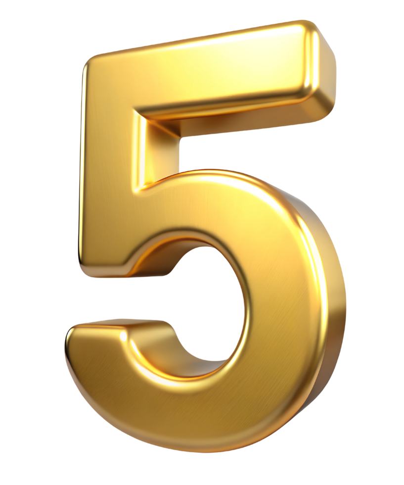 Number Five . 3d Golden digit png