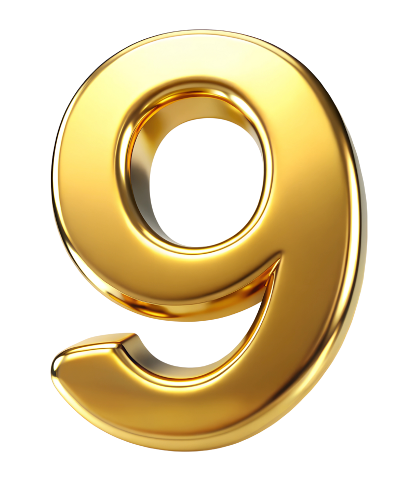 Number Nine . 3d Golden digit png