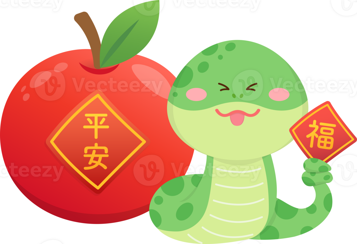 Snake character or cartoon character with apple and spring couplets, Chinese New Year, illustration png