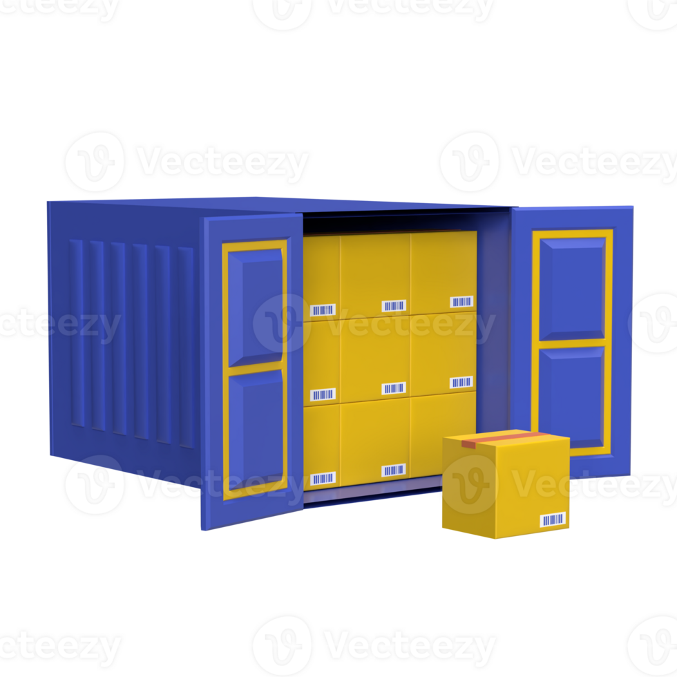 3D illustration of blue container with package boxes inside png