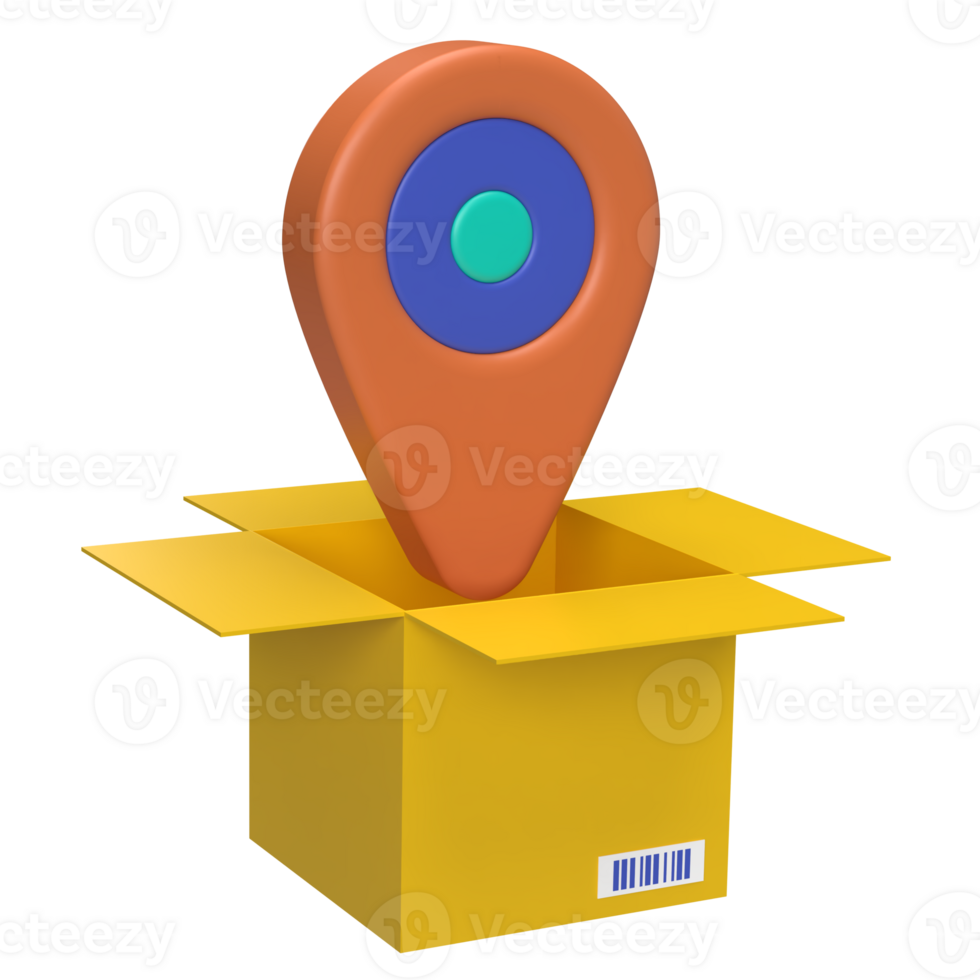 3D illustration of yellow box with red gps symbol. png