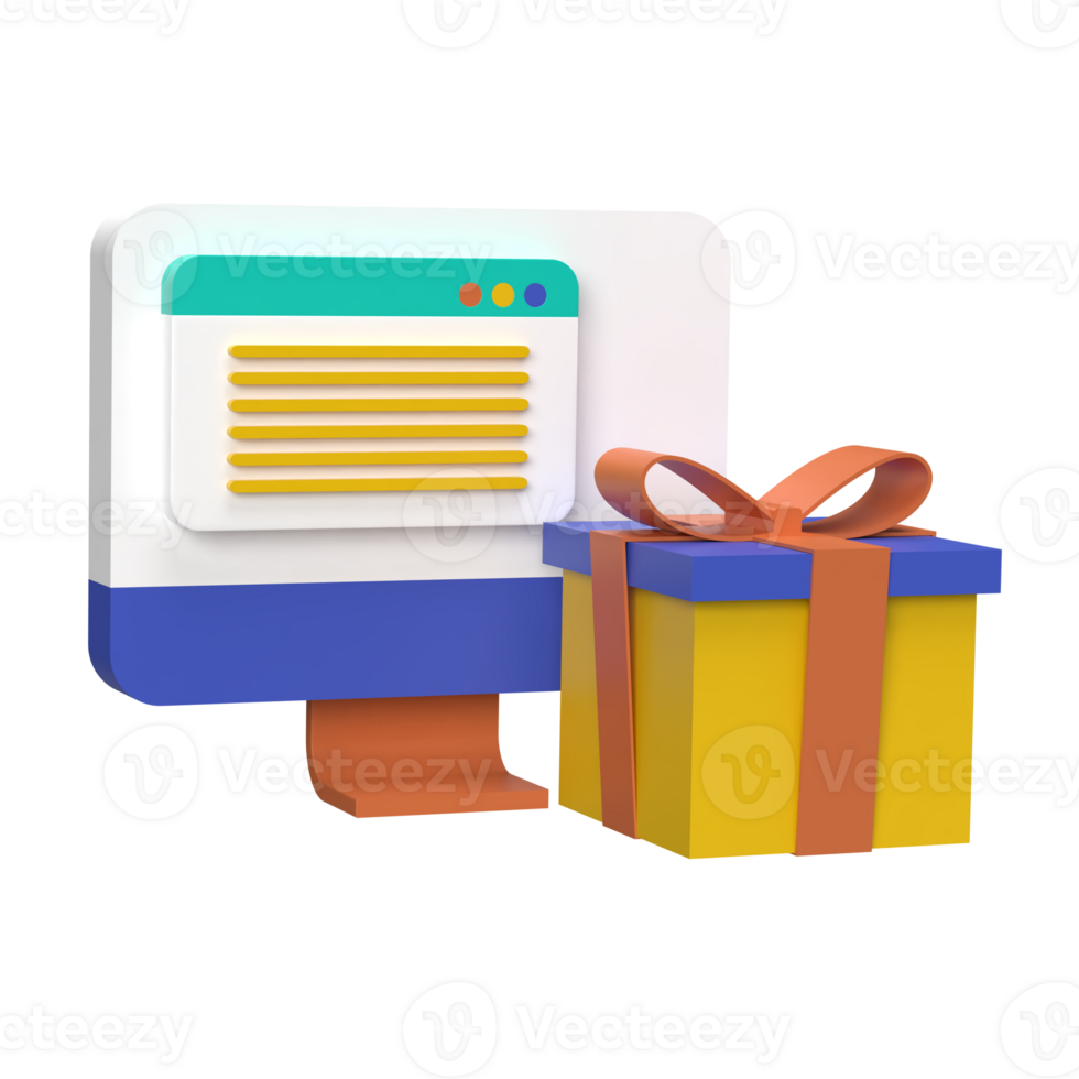 3D illustration of computer monitor with gift box in front of it. png