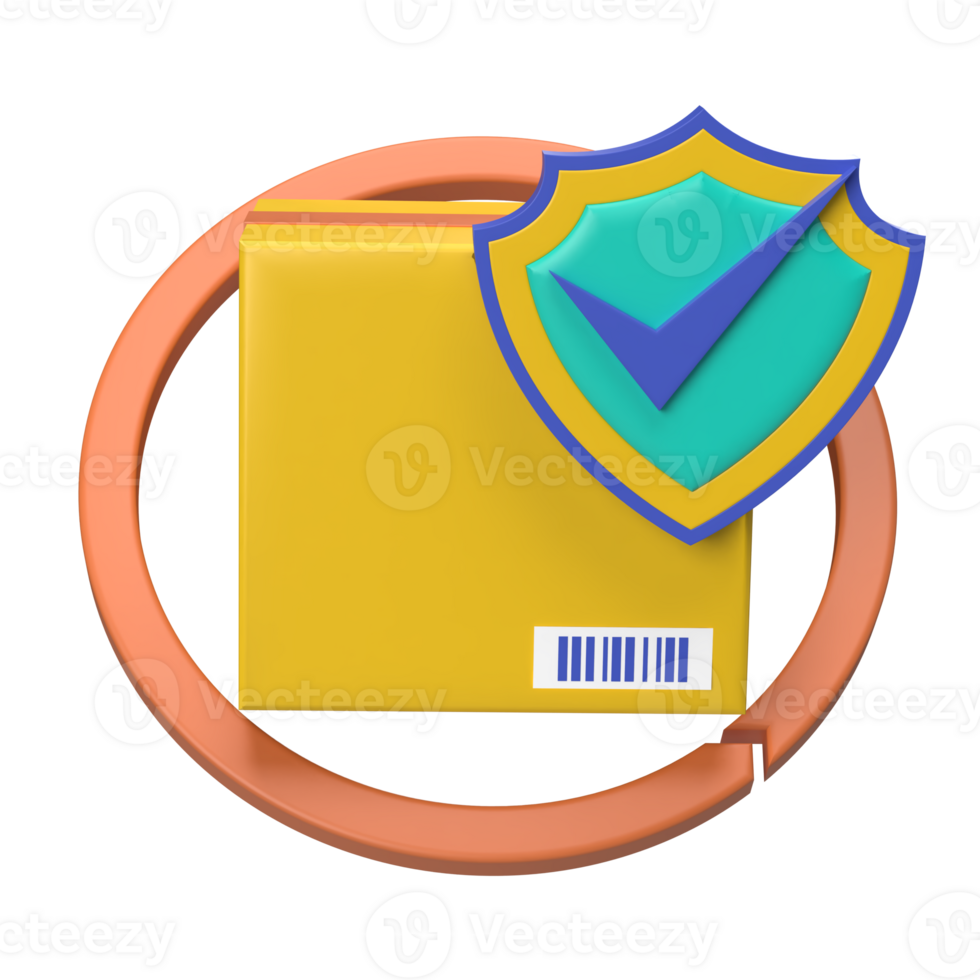 3D illustration of yellow box with approval tick badge and circle arrow. png