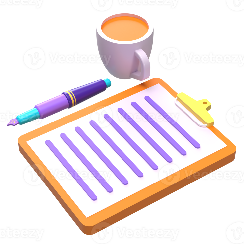 Clipboard with Pen and Coffee 3D Icon png