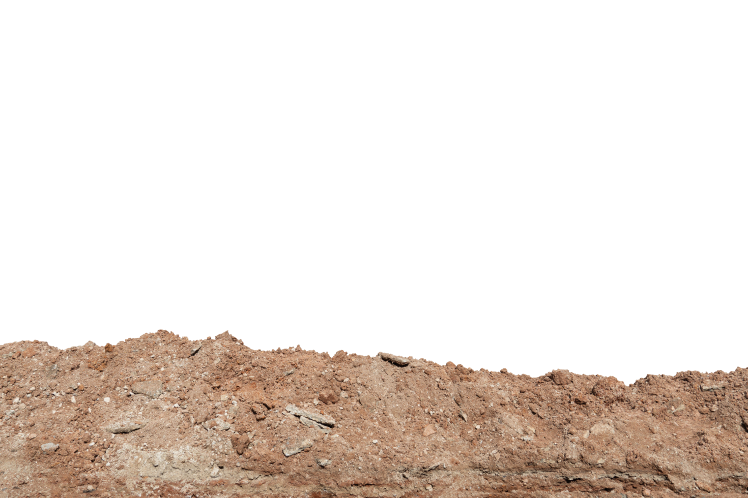 A long pile of brown-orange colored soil. On isolated white background with clipping path. png