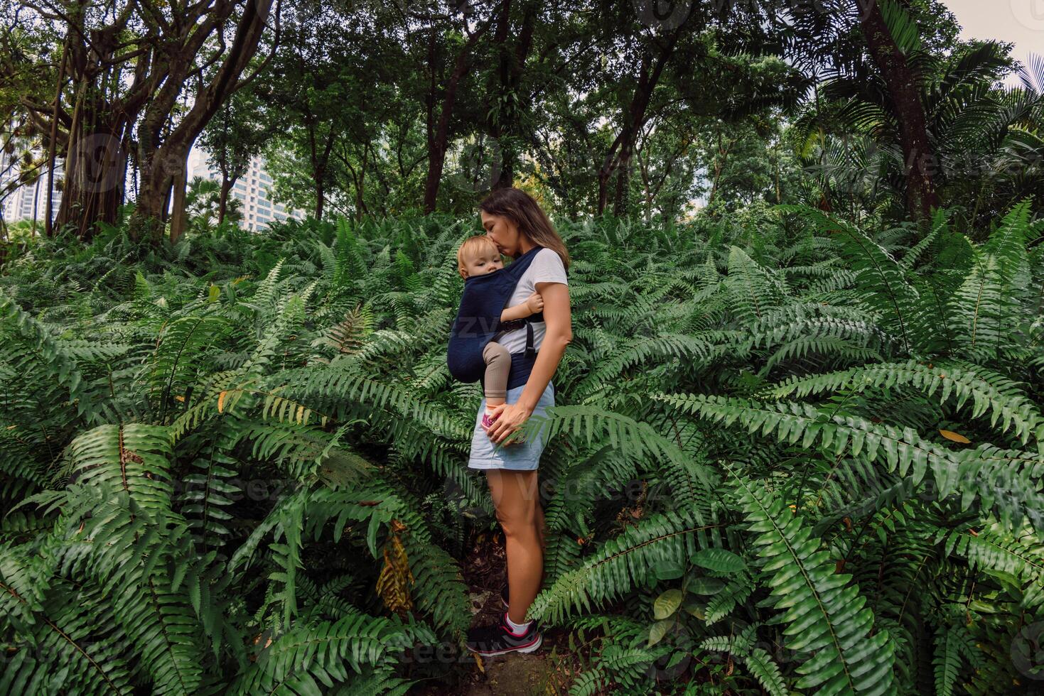 Mother with cute daughter in baby carrier in park between fern leaves photo
