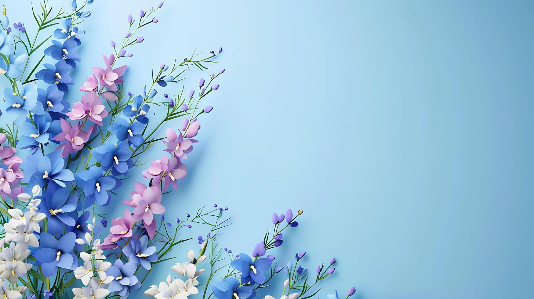 Blue and pink flowers on a blue background photo