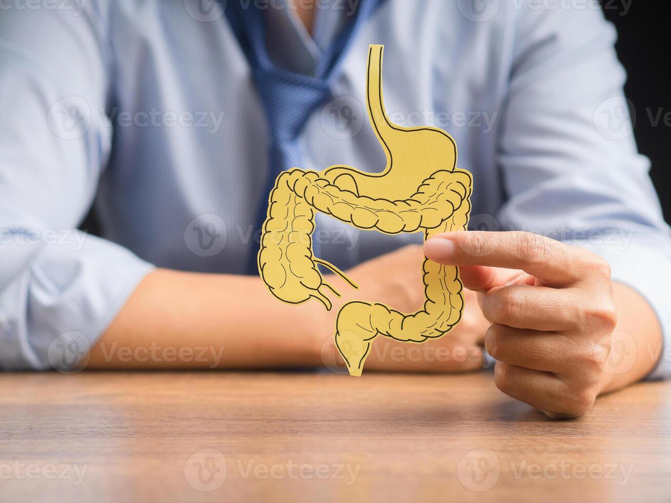 Hand holding a large intestine shape made from yellow paper photo
