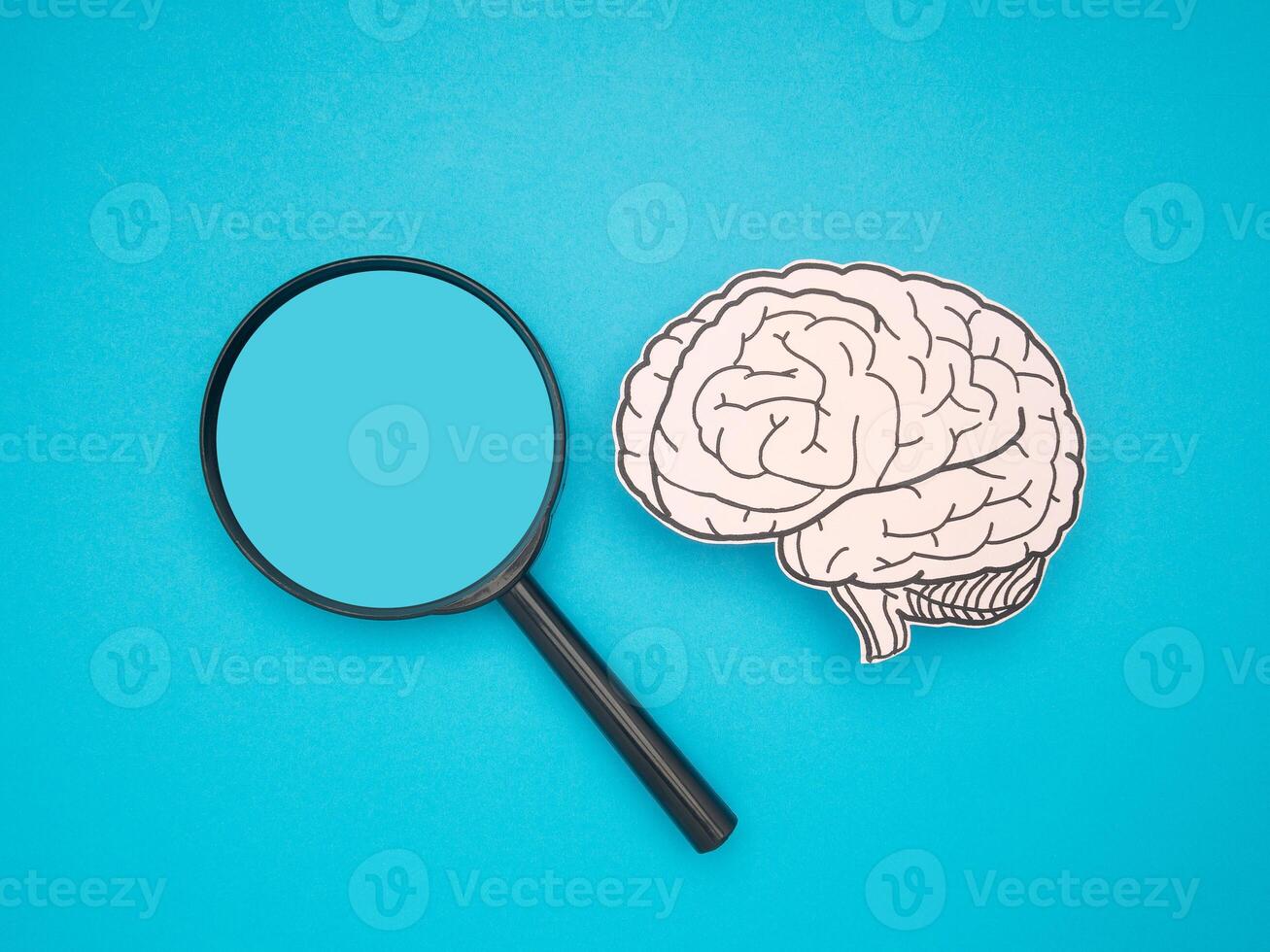 A brain shape made from paper and a magnifying glass on a blue background photo