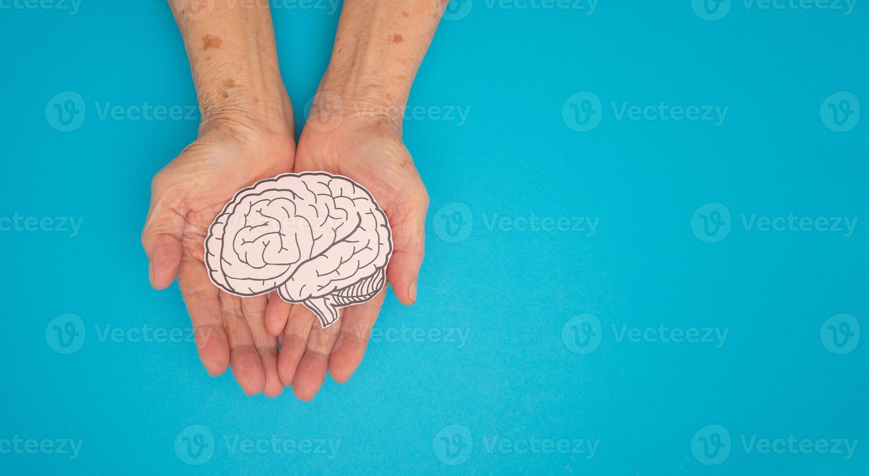 Brain shape made from paper on a palm senior woman on a blue background photo