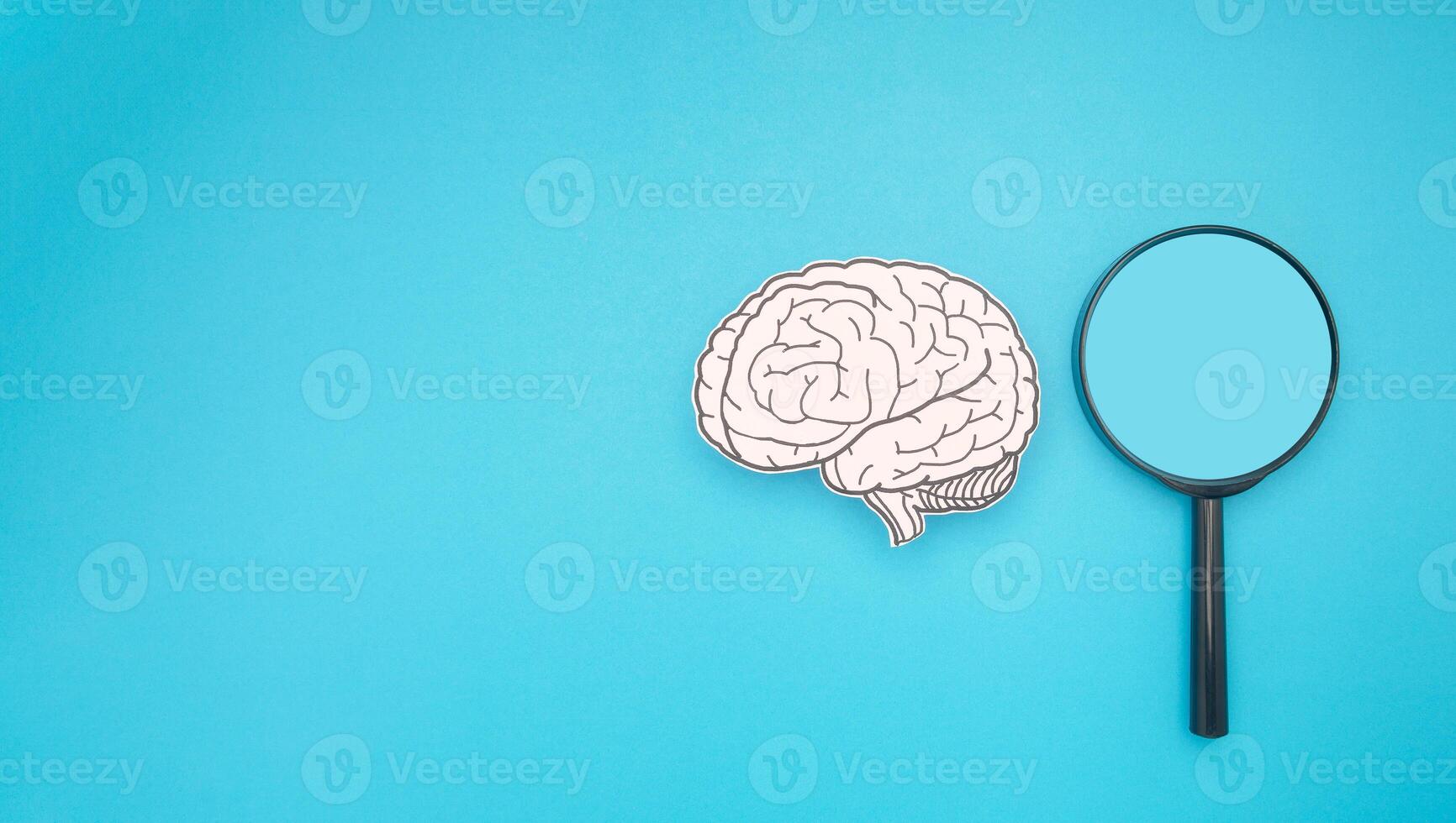 A brain shape made from paper and a magnifying glass on a blue background photo