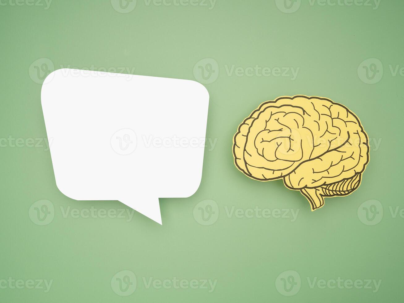 White speech bubble and a brain shape made from paper on a green background photo