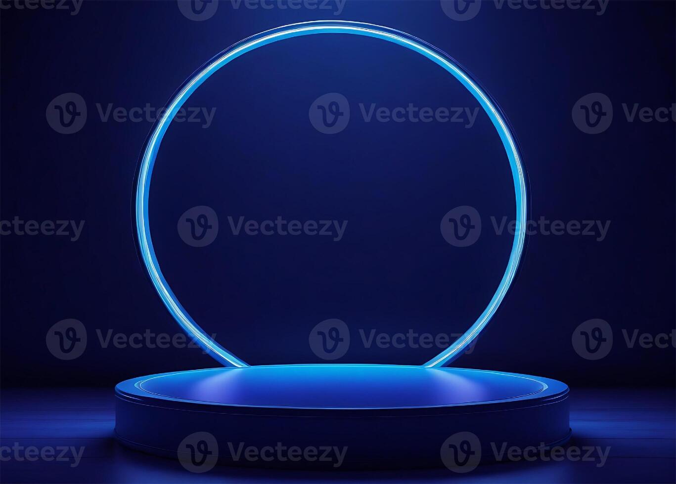 3D Rendered Luxury Empty blue neon light modern template interior wall background front view. photo
