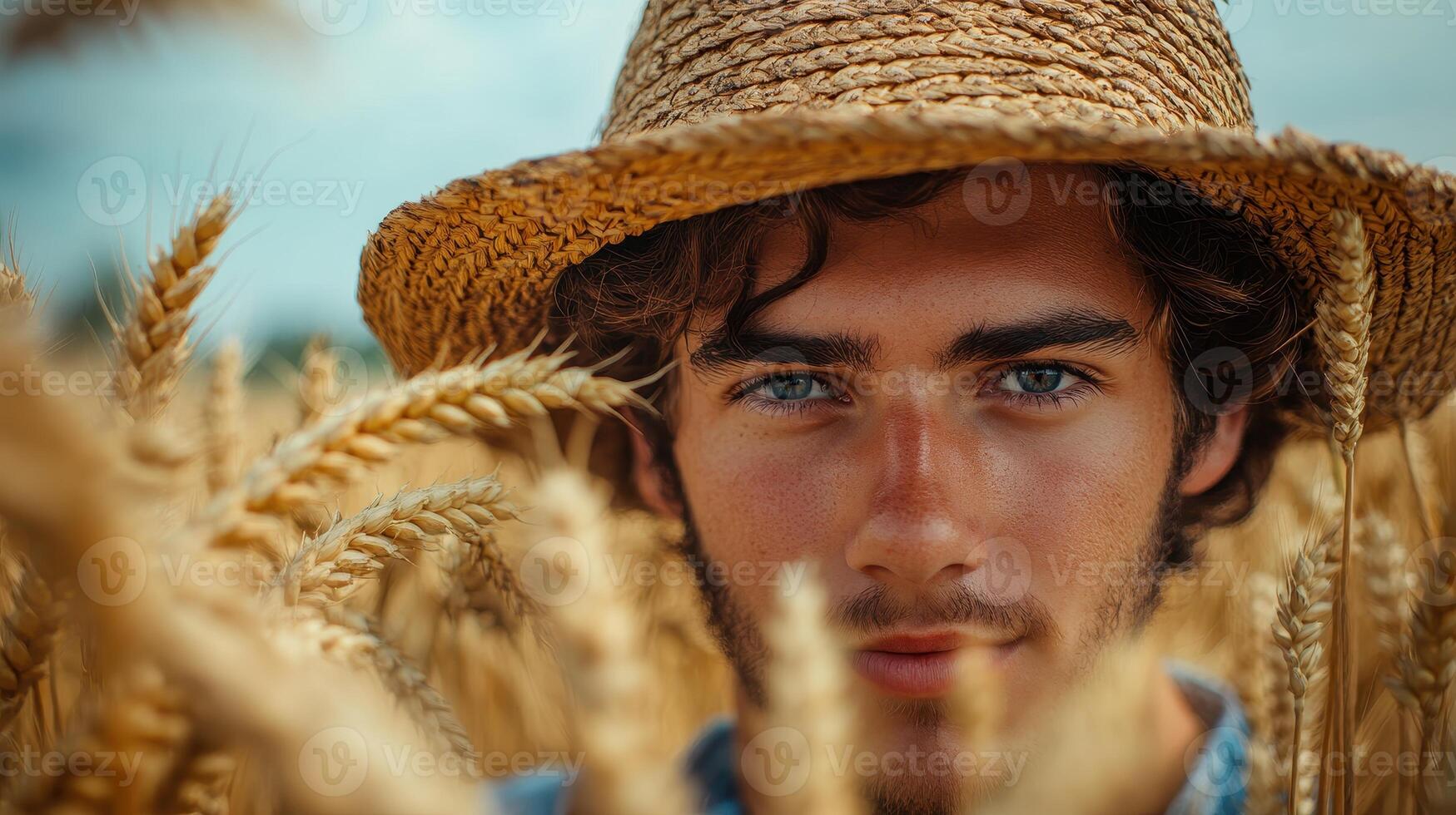 A young farmer, age , wears a classic farmers hat and bites on a wheat stalk, exuding rural charm and authenticity. photo