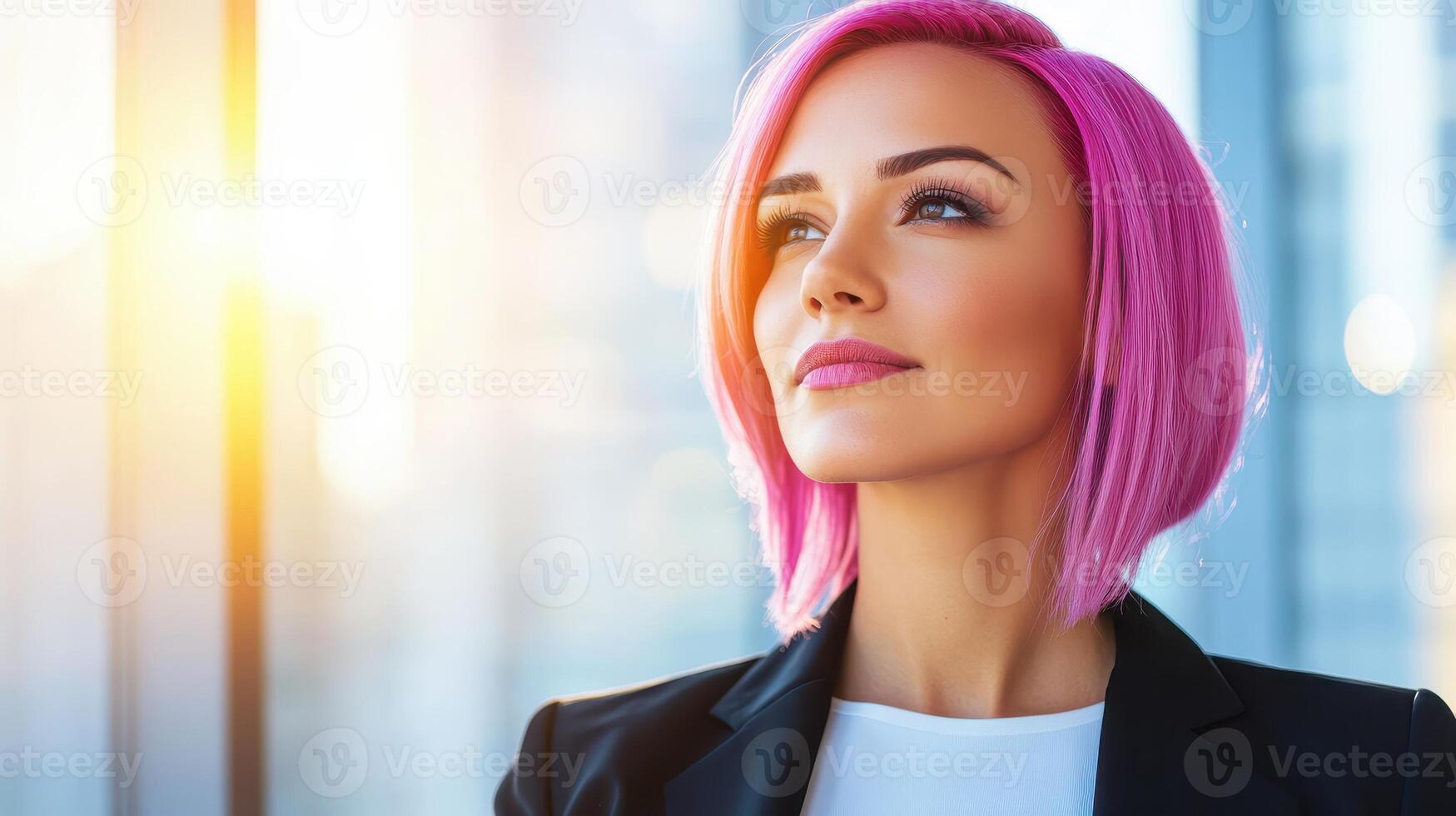 A confident businesswoman with vibrant pink hair gazes out her office window, embodying success and optimism. photo