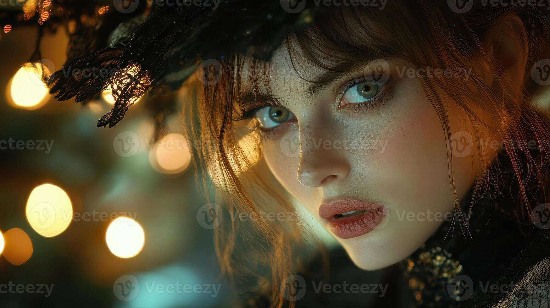 A surprised woman in a fun Halloween costume glances to her right, capturing the spirit of the festive season. photo