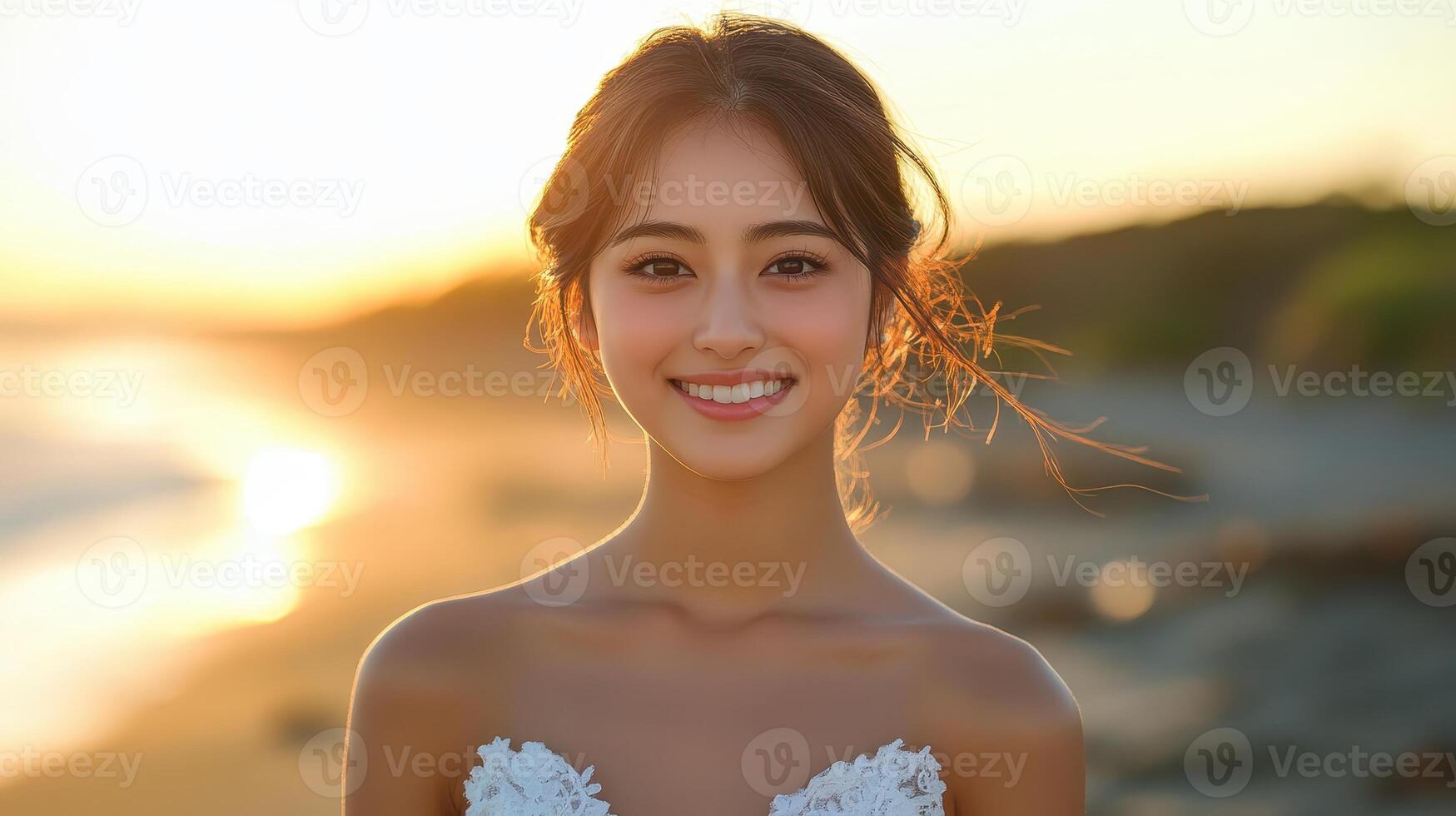 A charming Japanese young woman in a white dress beams with joy, embracing the serene beauty of the beach. photo