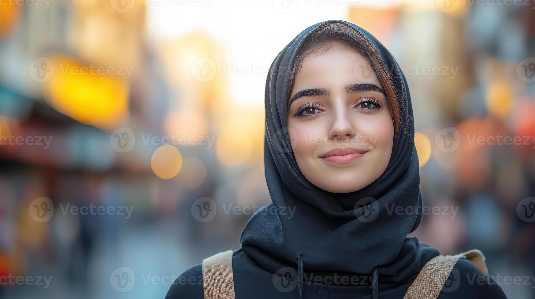 A young woman in an oversized black hoodie stands vibrantly outdoors, showcasing her features in a dynamic, lively setting. This image captures the essence of youth and modern style, highlighted by strong flash lighting and a stunning backdrop. photo