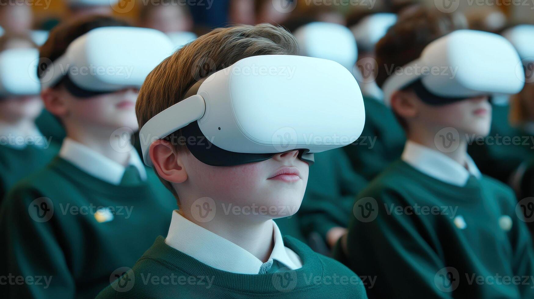Explore the future with sleek, white VR headsets, as thrilled teens experience joy in a British school setting. photo