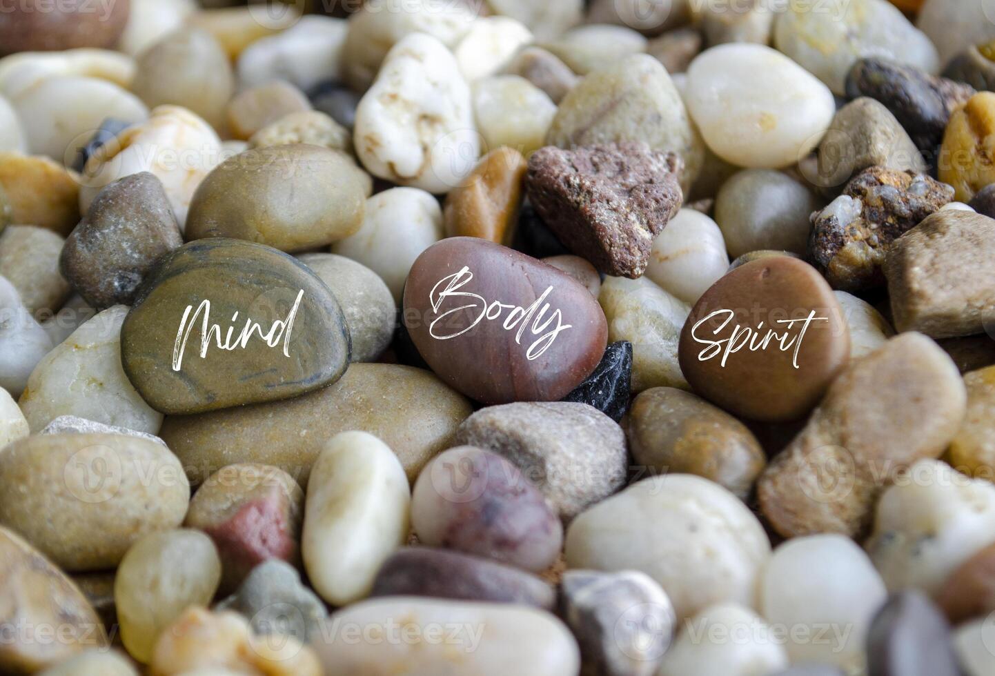 Mind, Body and Spirit text on beach stones. Wellness concept. photo
