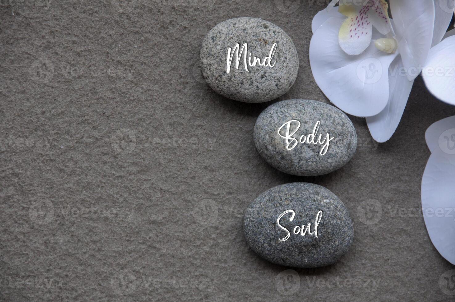 Top view of Mind, Body and Soul text on zen stones with additional customizable space for text photo