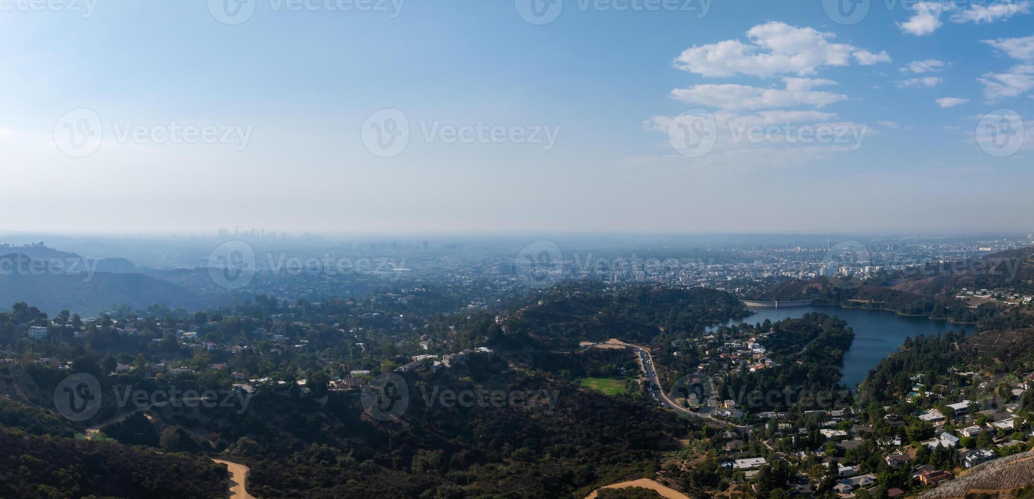 Aerial View of Los Angeles with Reservoir and Cityscape photo