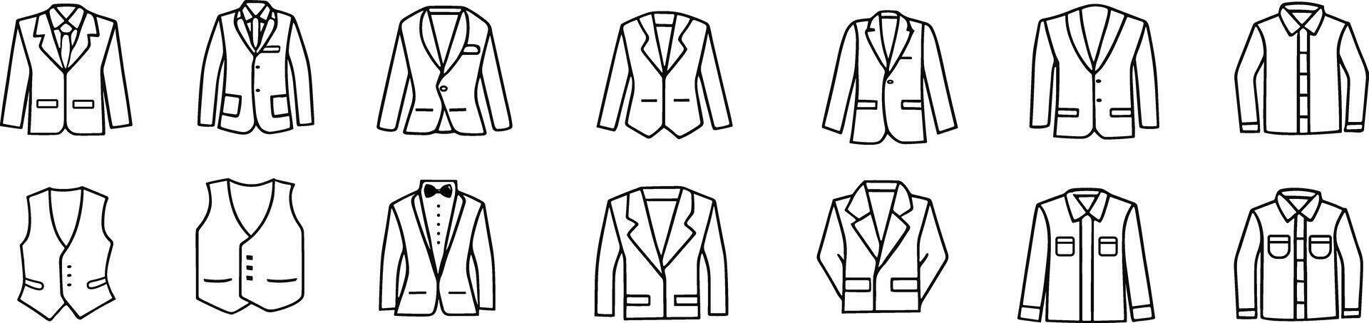Mens Clothing editable stroke outline icons set.Overcoat, blazer, shirts. illustration. vector