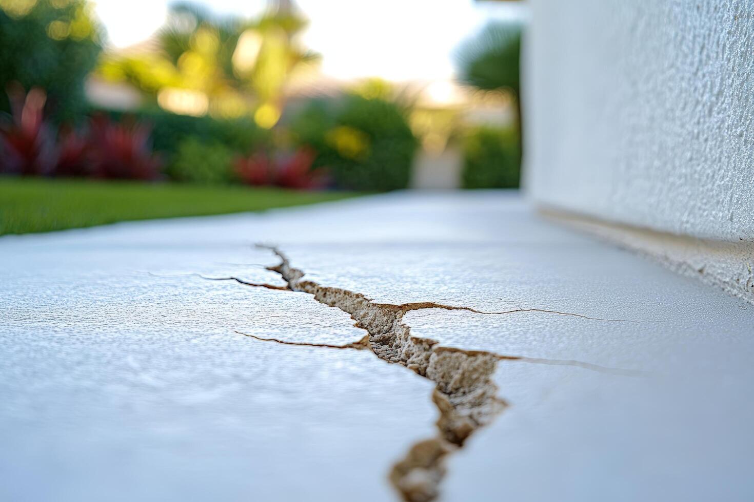 Closeup of a large crack in concrete, a sign of structural damage and foundation problems photo