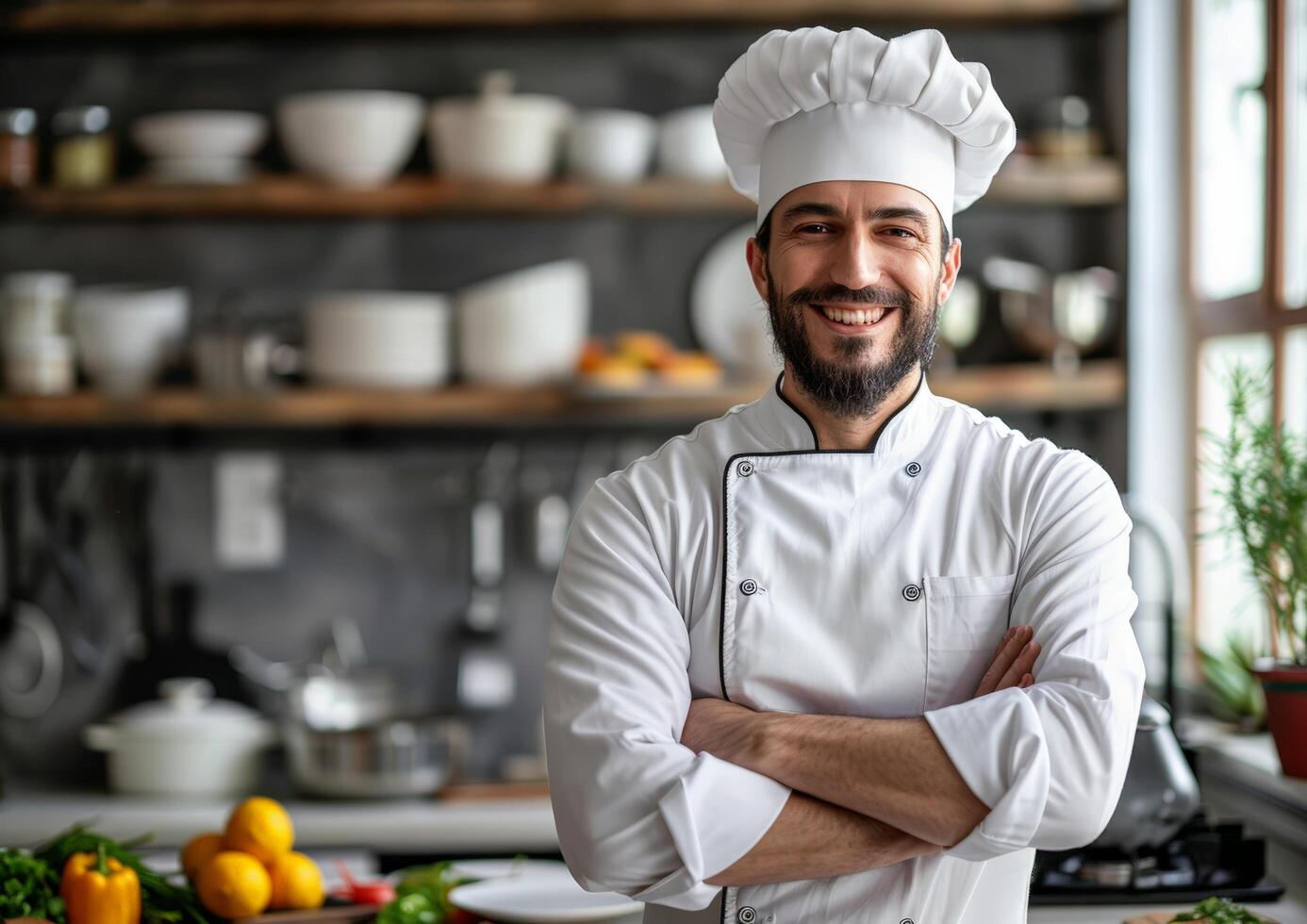 Smiling Chef in a White Chef's Hat and Uniform in a Kitchen Setting photo