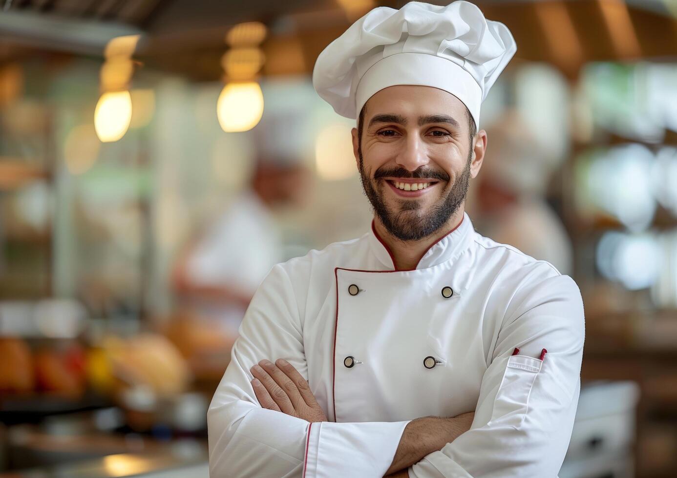 Smiling Chef with arms crossed, wearing white chef's uniform, toque, in a restaurant kitchen photo