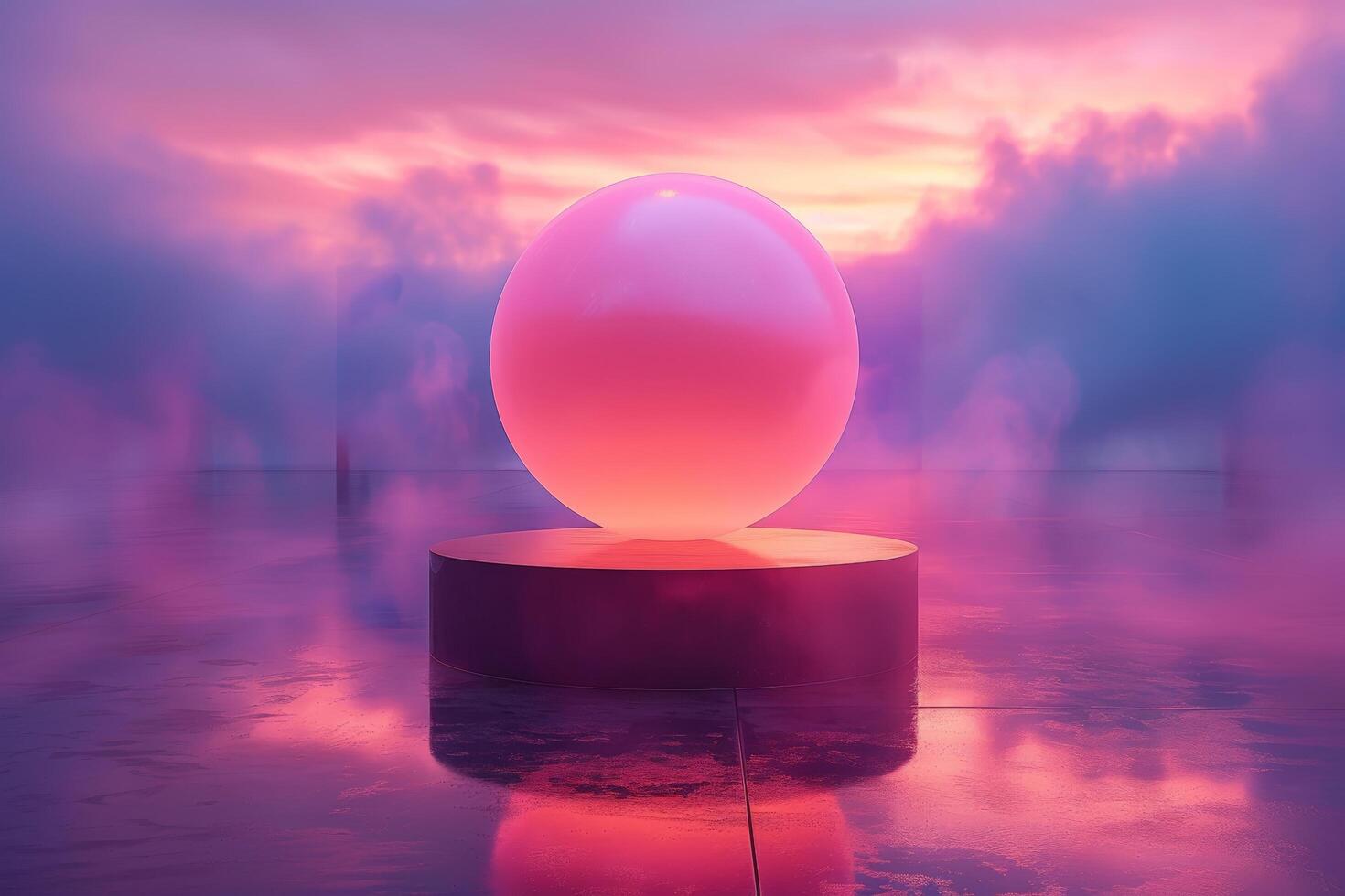 Abstract surreal glowing orb on platform, pink and purple foggy sky background photo