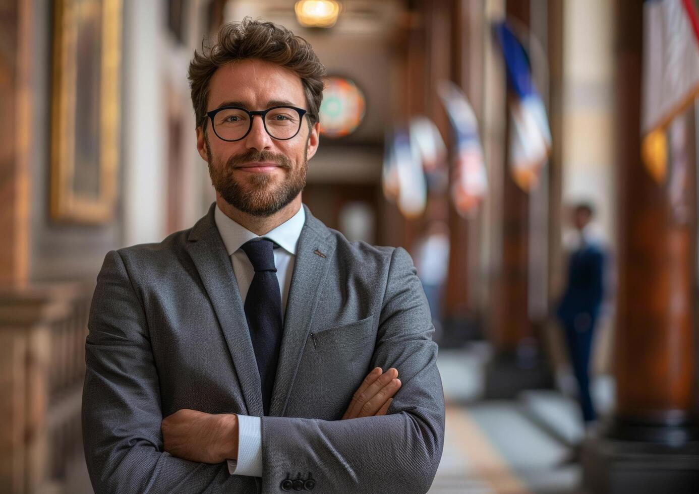 Portrait of young businessman in grey suit and tie standing in hallway with arms crossed photo