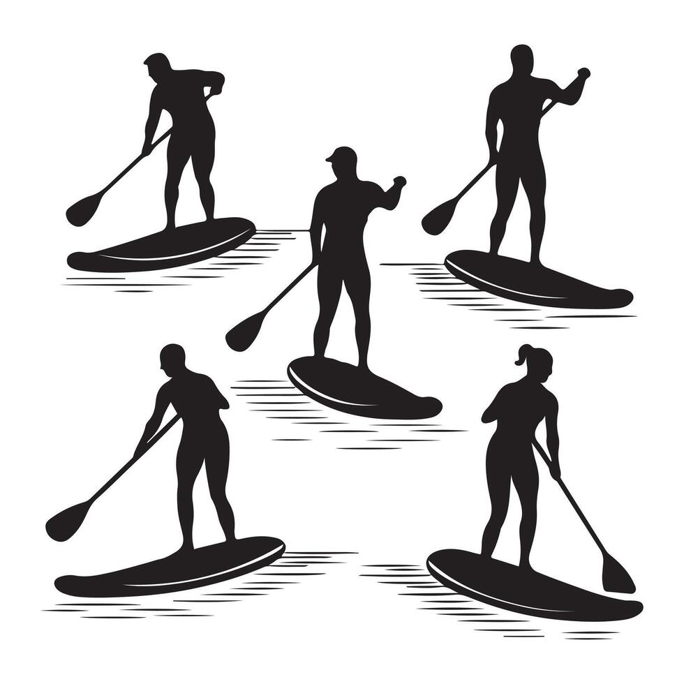 Silhouettes of people on paddle boards vector