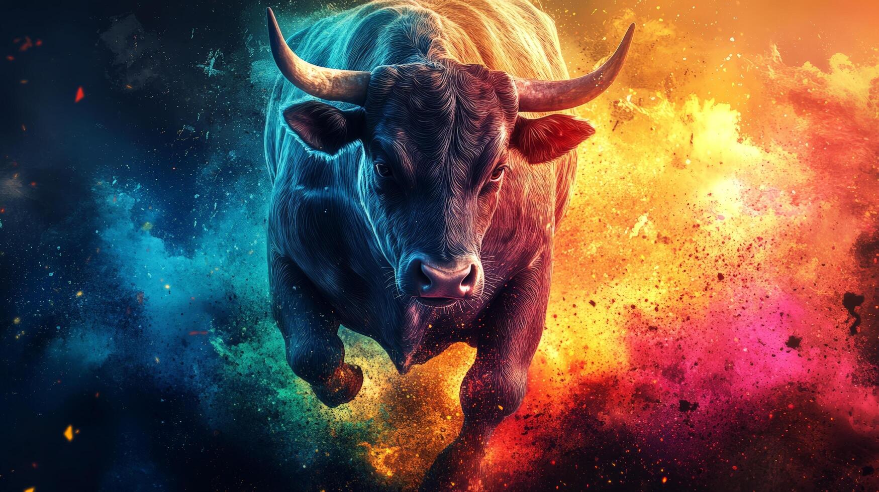 Powerful Bull with Colorful Explosion Background, Symbol of Strength and Determination photo