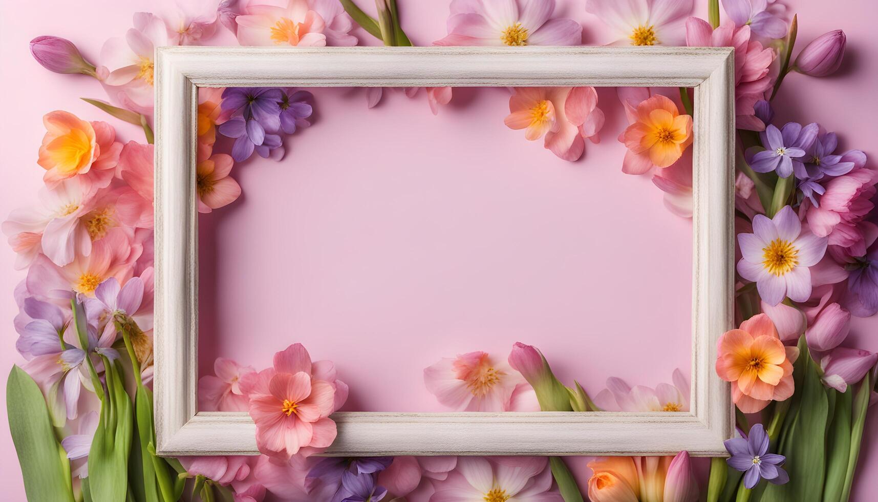 spring flowers background with frame on pink background photo