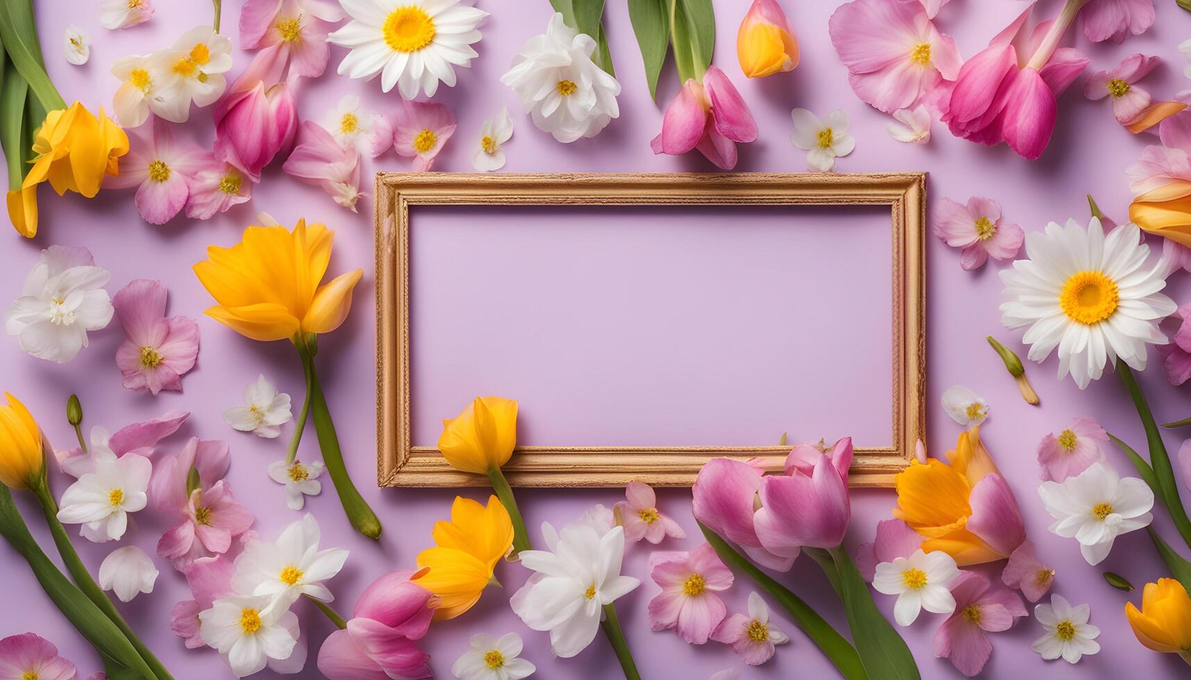 spring flowers background with frame on pink background photo