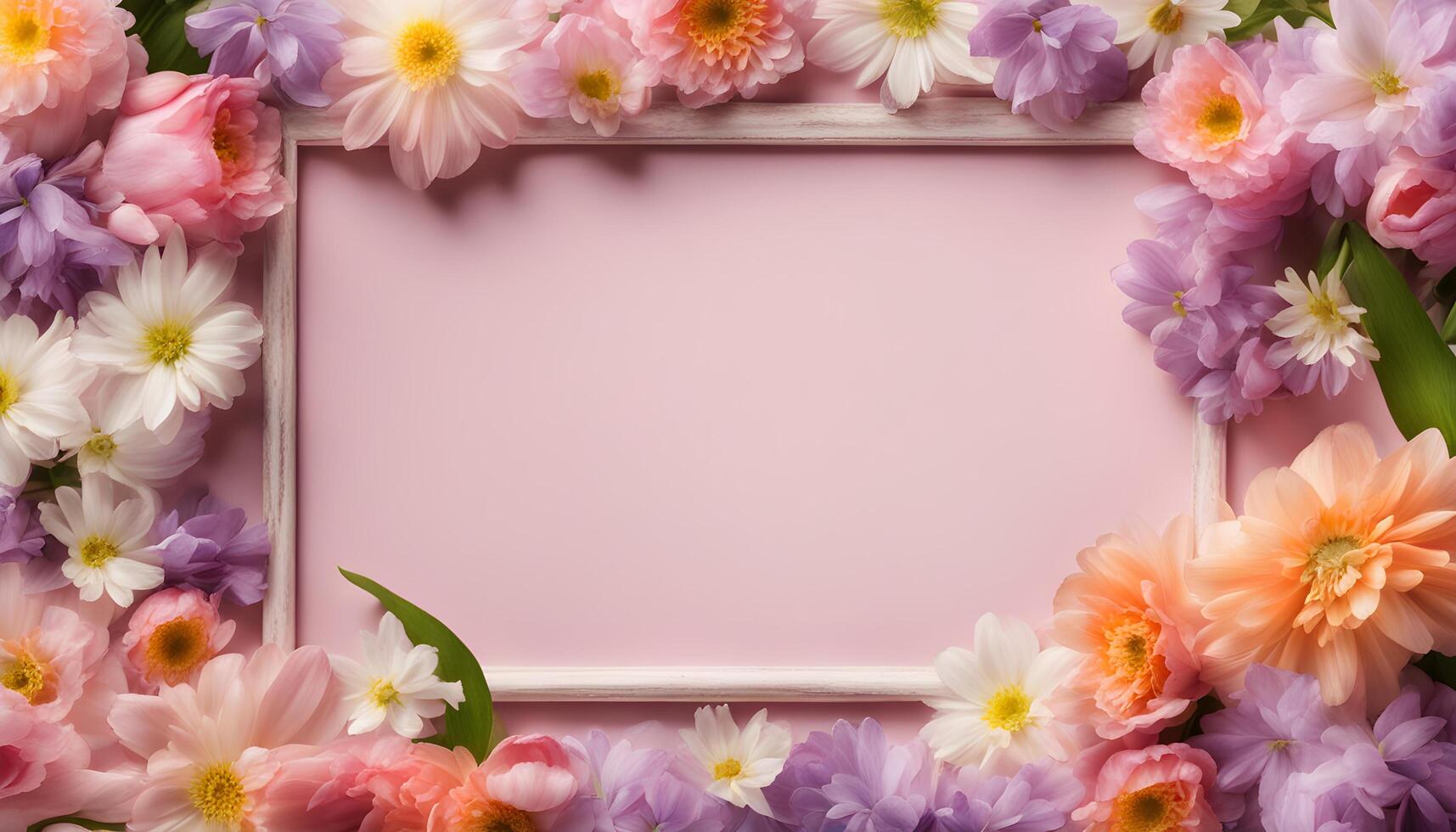 spring flowers background with frame on pink background photo