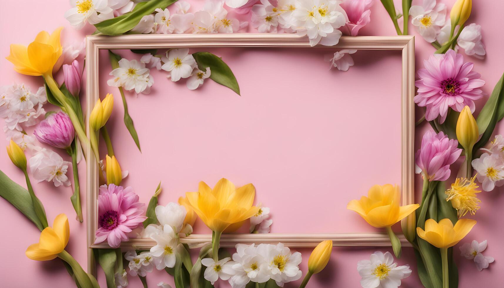 spring flowers background with frame on pink background photo