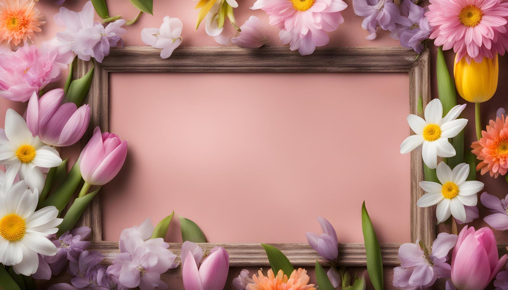 spring flowers background with frame on pink background photo