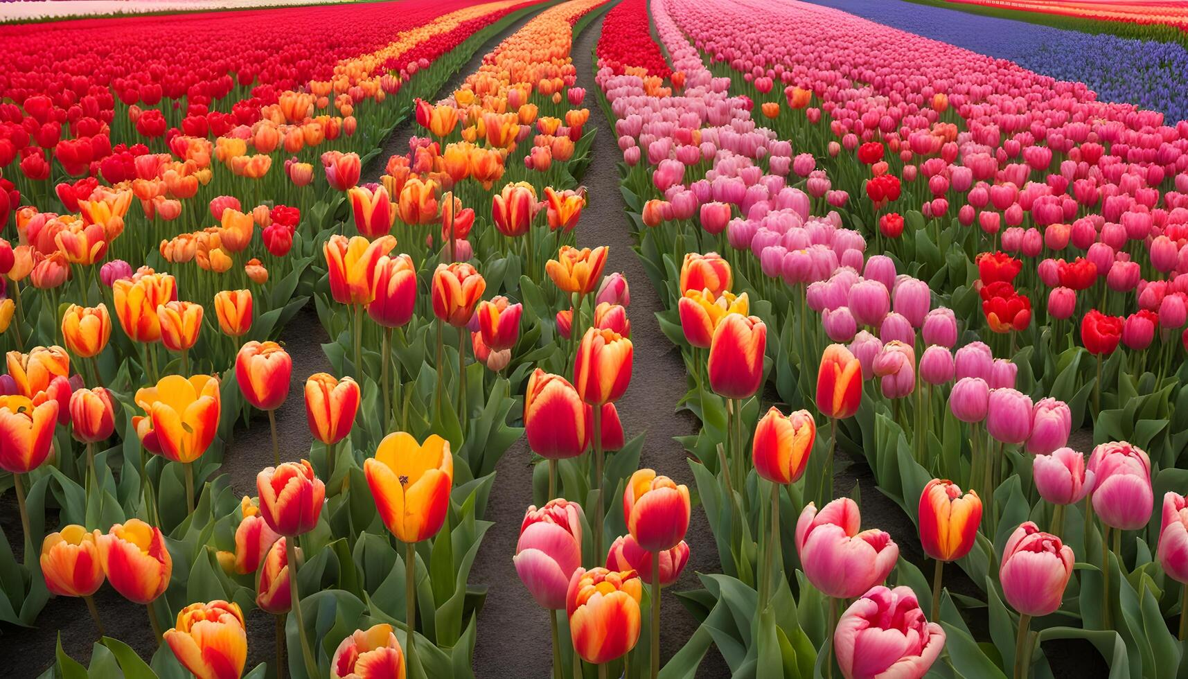 a beautiful field of tulips at sunset photo