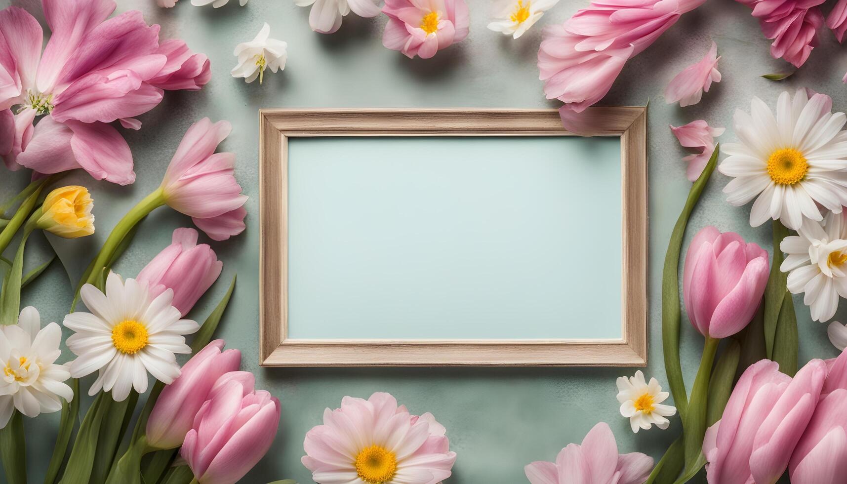 spring flowers background with frame on pink background photo