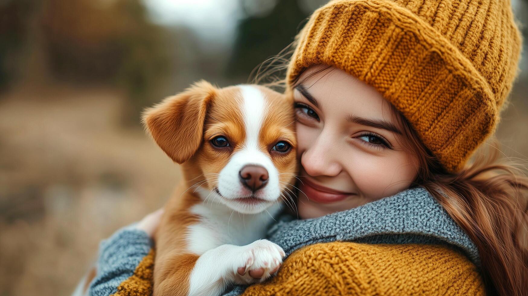 A woman is holding a puppy in her arms photo