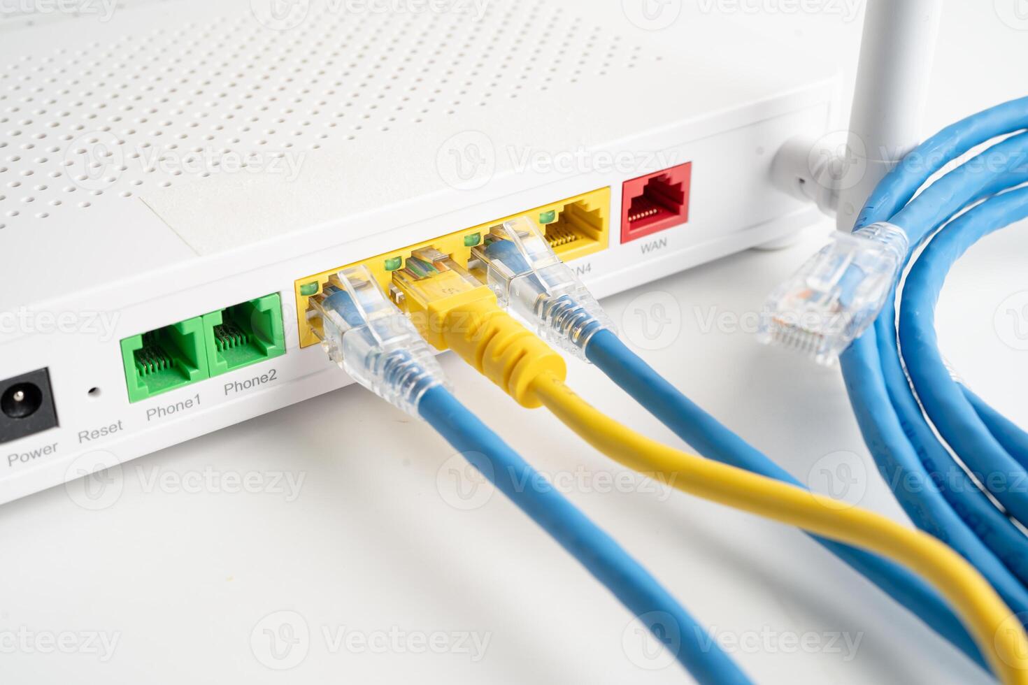 Ethernet cable with wireless router connect to internet service provider internet network. photo