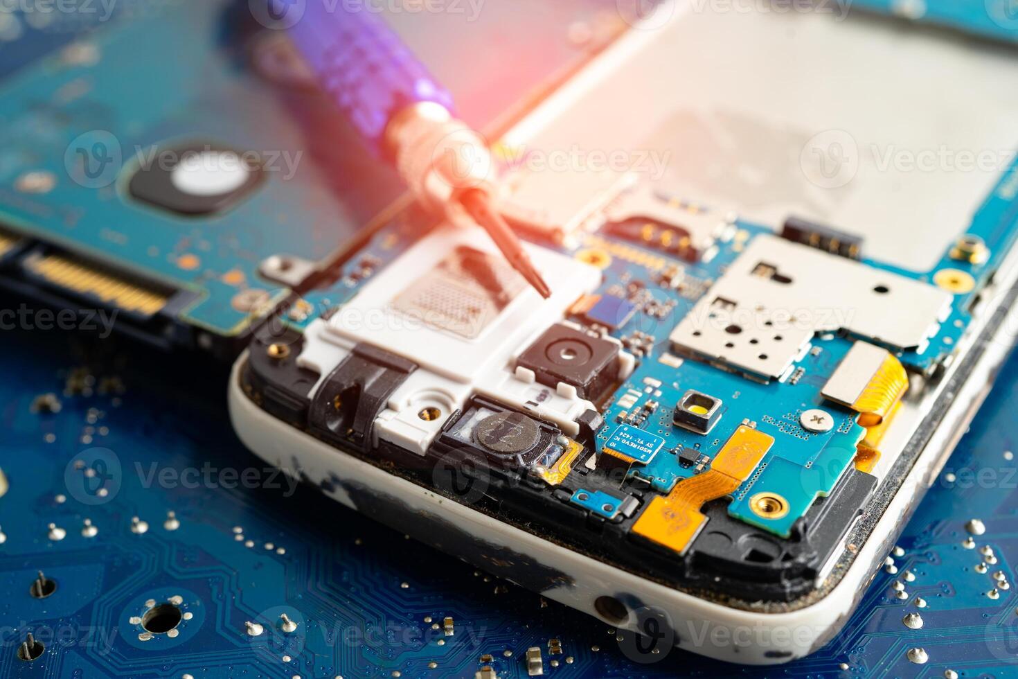 Repairing and upgrade circuit mainboard of notebook, electronic, computer hardware and technology concept. photo