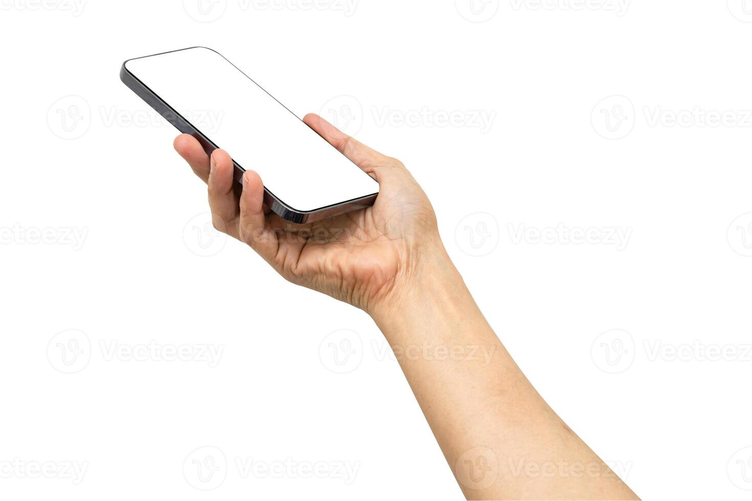 Mobile smart phone with white blank screen in Asian lady hand for communication isolated on white background with clipping path. photo