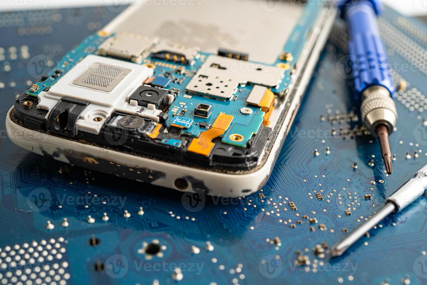 Repairing and upgrade circuit mainboard of notebook, electronic, computer hardware and technology concept. photo