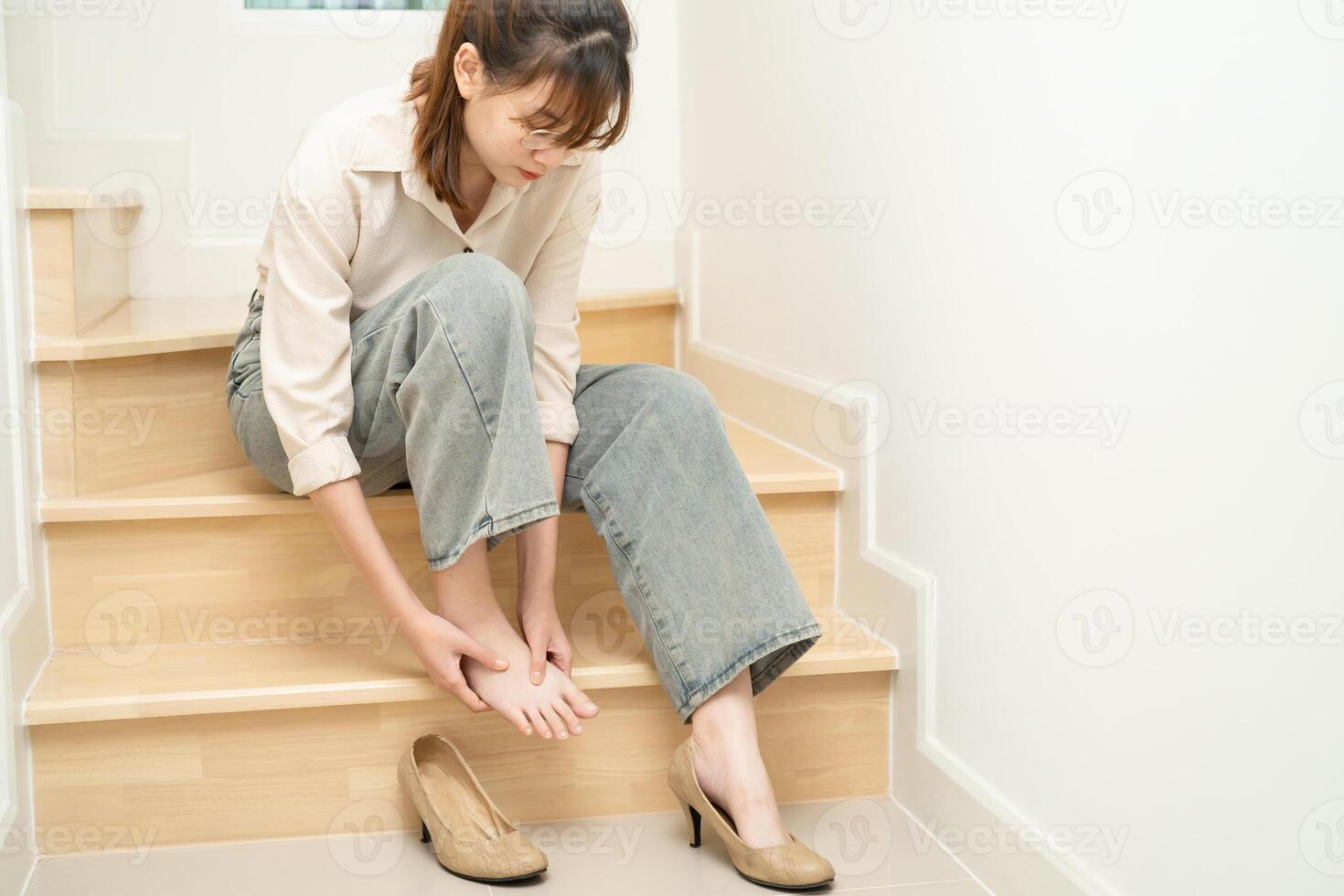 Asian lady woman patient fall down the stairs because slippery surfaces photo