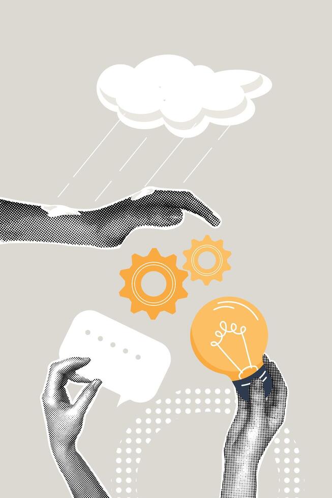 Modern halftone collage. Team protection concept, suggestion of idea, team support and care, selfless principle for leadership. Hand, protects the team, for continued success. Modern business collage vector